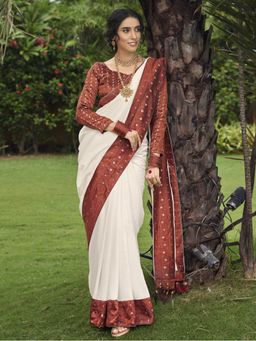 Sareemall - Womens Vichitra Silk White Embellished Celebrity Saree with Unstitched Blouse
