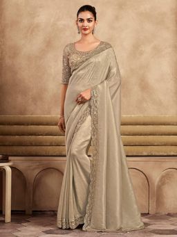 Akhilam - Womens Satin Silk Beige Embellished Designer Saree with Unstitched Blouse