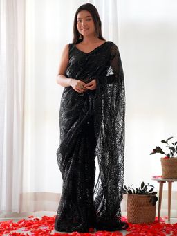 Sareemall - Womens Net Black Embellished Designer Saree with Unstitched Blouse