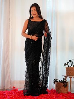 Sareemall - Womens Net Black Embellished Designer Saree with Unstitched Blouse