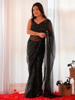 Sareemall - Womens Net Black Embellished Designer Saree with Unstitched Blouse