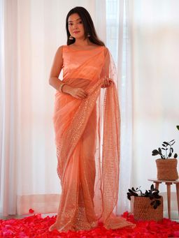 Sareemall - Womens Net Peach Embellished Designer Saree with Unstitched Blouse