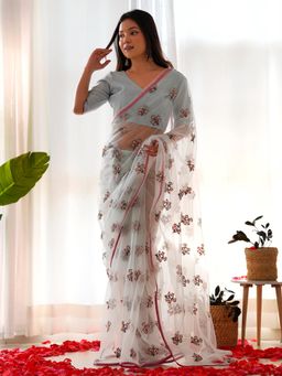 Sareemall - Womens Net Light Blue Embellished Designer Saree with Unstitched Blouse