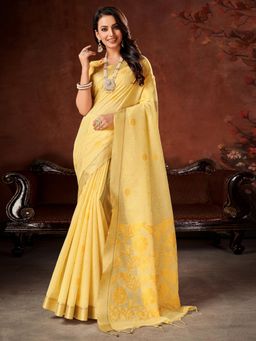 Akhilam - Womens Cotton Blend Yellow Woven Designer Saree with Unstitched Blouse