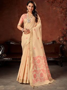 Akhilam - Womens Cotton Blend Beige Woven Designer Saree with Unstitched Blouse