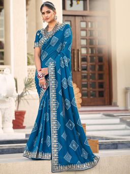 Akhilam - Womens Vichitra Silk Blue Embellished Designer Saree with Unstitched Blouse