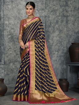 Sareemall - Womens Organza Navy Blue Woven Designer Saree with Unstitched Blouse
