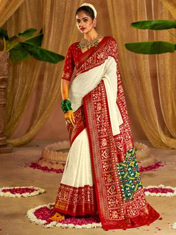 Akhilam - Womens Tussar Silk Off White Embroidered Designer Saree with Unstitched Blouse