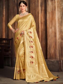 Akhilam - Womens Kanjeevaram Silk Beige Woven Designer Saree with Unstitched Blouse