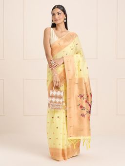 Akhilam - Womens Silk Blend Yellow Woven Designer Saree with Unstitched Blouse