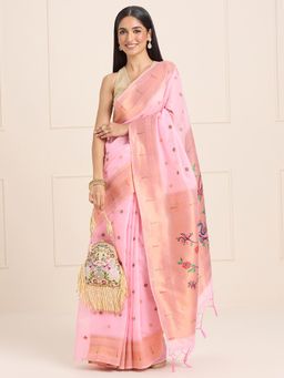 Akhilam - Womens Silk Blend Pink Woven Designer Saree with Unstitched Blouse