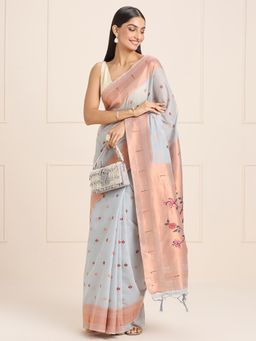 Akhilam - Womens Silk Blend Grey Woven Designer Saree with Unstitched Blouse