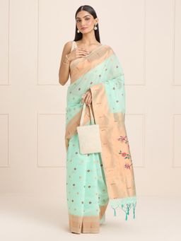 Akhilam - Womens Silk Blend Turquoise Woven Designer Saree with Unstitched Blouse