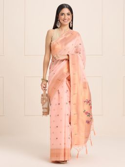Akhilam - Womens Silk Blend Peach Woven Designer Saree with Unstitched Blouse