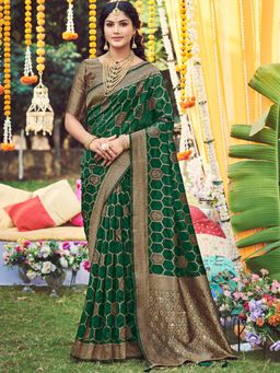 Sareemall - Womens Organza Green Woven Design Celebrity Saree with Unstitched Blouse