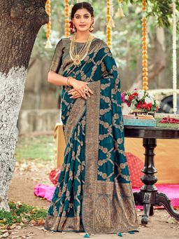 Sareemall - Womens Organza Teal Blue Woven Design Celebrity Saree with Unstitched Blouse