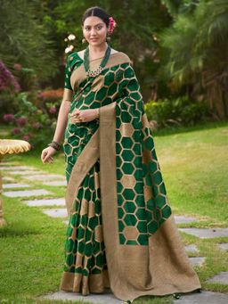 Sareemall - Womens Organza Green Embellished Designer Saree with Unstitched Blouse