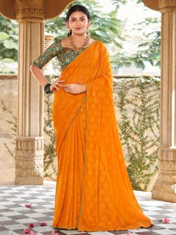 Sareemall - Womens Georgette Yellow Embellished Celebrity Saree with Unstitched Blouse