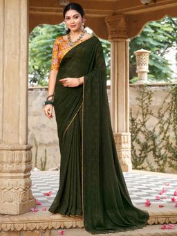 Sareemall - Womens Georgette Dark Green Embellished Celebrity Saree with Unstitched Blouse