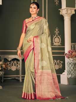 Akhilam - Womens Silk Blend Beige Woven Designer Saree with Unstitched Blouse