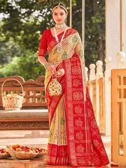 Akhilam - Womens Silk Blend Cream Embellished Designer Saree with Unstitched Blouse