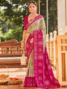 Akhilam - Womens Silk Blend Beige Embellished Designer Saree with Unstitched Blouse
