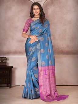 Akhilam - Womens Silk Blend Light Blue Printed Designer Saree with Unstitched Blouse