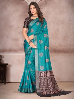 Akhilam - Womens Silk Blend Teal Blue Printed Designer Saree with Unstitched Blouse