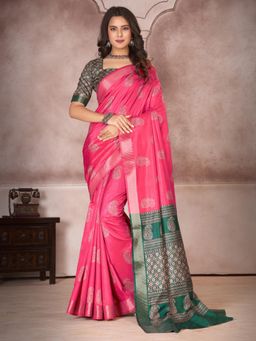 Akhilam - Womens Silk Blend Pink Printed Designer Saree with Unstitched Blouse