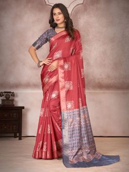 Akhilam - Womens Silk Blend Maroon Printed Designer Saree with Unstitched Blouse