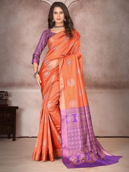 Akhilam - Womens Silk Blend Orange Printed Designer Saree with Unstitched Blouse