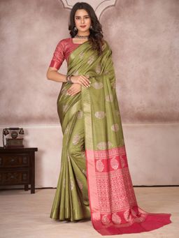 Akhilam - Womens Silk Blend Olive Printed Designer Saree with Unstitched Blouse