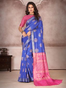 Akhilam - Womens Silk Blend Blue Printed Designer Saree with Unstitched Blouse