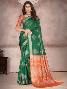 Akhilam - Womens Silk Blend Green Printed Designer Saree with Unstitched Blouse