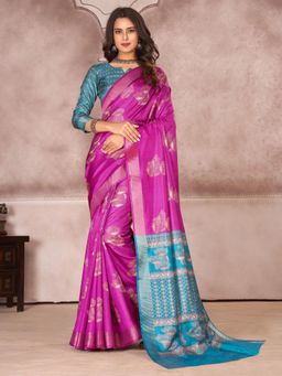 Akhilam - Womens Silk Blend Pink Printed Designer Saree with Unstitched Blouse