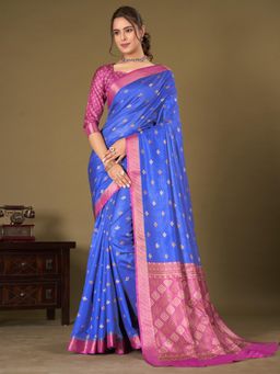 Akhilam - Womens Silk Blend Blue Printed Designer Saree with Unstitched Blouse