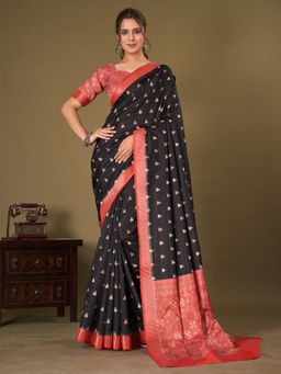 Akhilam - Womens Silk Blend Black Printed Designer Saree with Unstitched Blouse