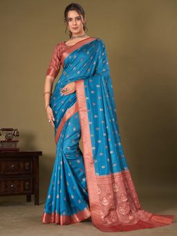 Akhilam - Womens Silk Blend Blue Printed Designer Saree with Unstitched Blouse