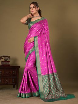Akhilam - Womens Silk Blend Pink Printed Designer Saree with Unstitched Blouse