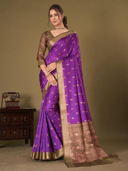 Akhilam - Womens Silk Blend Purple Printed Designer Saree with Unstitched Blouse
