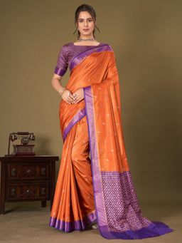 Akhilam - Womens Silk Blend Orange Printed Designer Saree with Unstitched Blouse