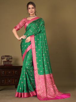 Akhilam - Womens Silk Blend Green Printed Designer Saree with Unstitched Blouse
