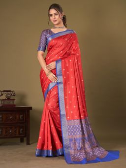 Akhilam - Womens Silk Blend Red Printed Designer Saree with Unstitched Blouse