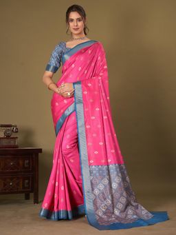 Akhilam - Womens Silk Blend Pink Printed Designer Saree with Unstitched Blouse