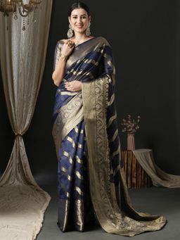 Akhilam - Womens Organza Navy Blue Woven Designer Saree with Unstitched Blouse