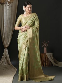 Akhilam - Womens Organza Light Green Woven Designer Saree with Unstitched Blouse