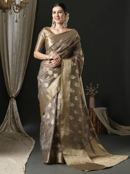 Akhilam - Womens Organza Grey Woven Designer Saree with Unstitched Blouse