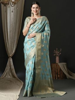 Akhilam - Womens Organza Light Blue Woven Designer Saree with Unstitched Blouse
