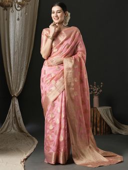Akhilam - Womens Organza Pink Woven Designer Saree with Unstitched Blouse