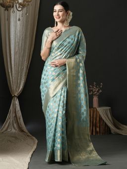 Akhilam - Womens Organza Light Blue Woven Designer Saree with Unstitched Blouse